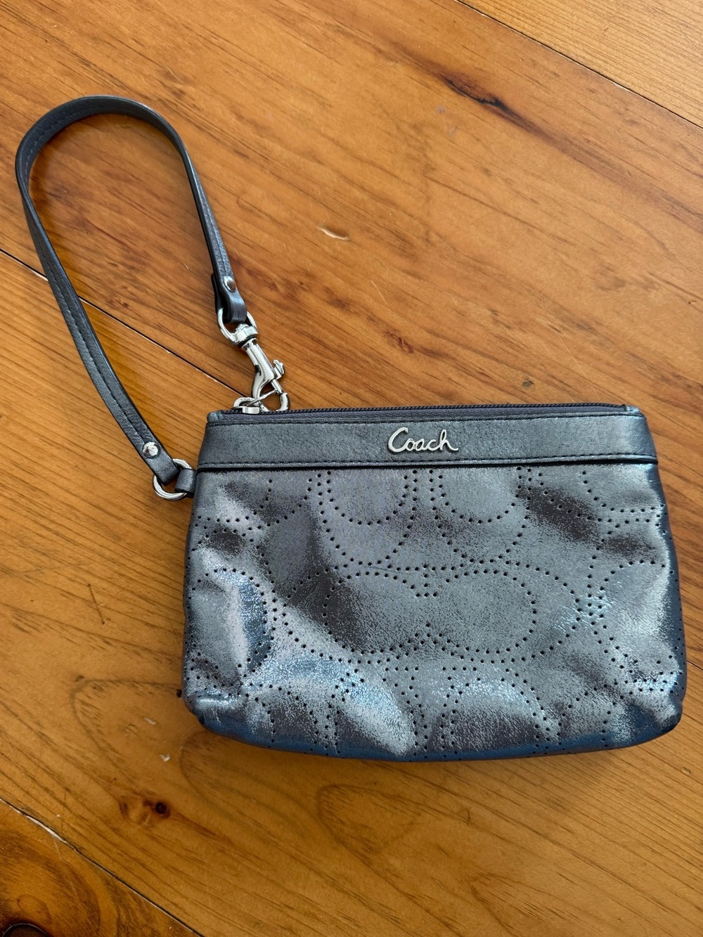 Coach Wallets Perforated Silver Metallic Leather Top Zip Detachable Wristlet